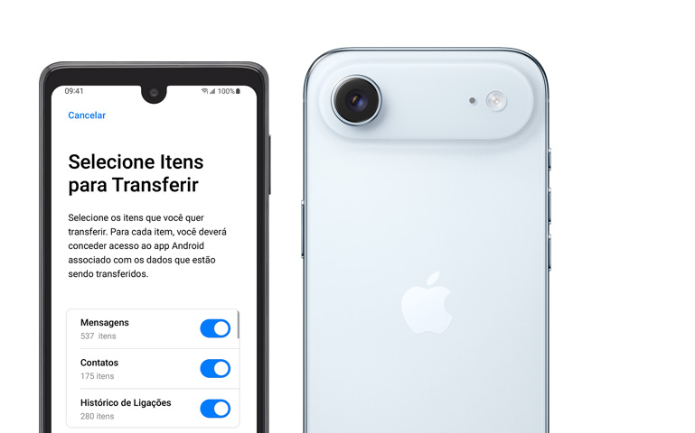 Imagem lado a lado da tela de um Android mostrando o app Migrar para iOS e um iPhone Air mostrando a parte de trás com o sistema de câmera Fusion em platô elevado e o flash da câmera.