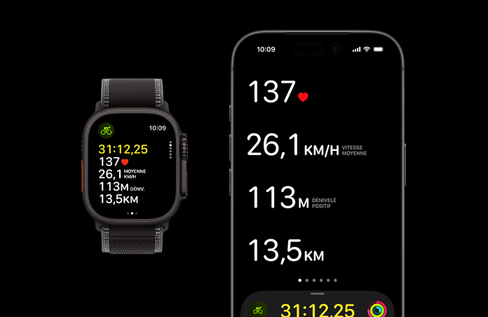 Données d’une séance en cours sur Apple Watch Ultra 3 et iPhone