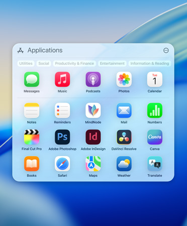 Menu de navigation Spotlight affichant des apps classées dans les catégories Suggestions, Productivité, Créativité, et Information et lecture