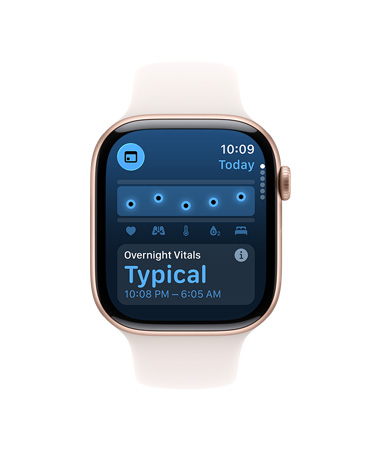 Apple Watch Series 11, aluminum case, rose gold colour, Vitals app, chart scoring health, overnight vitals typical notification, right side exterior: Digital Crown, light blush Sport Band