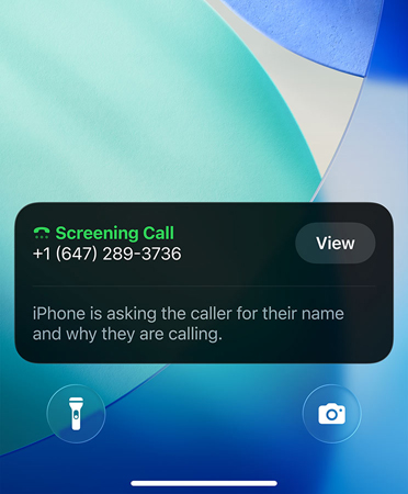 iPhone app widget showcasing the screening feature on an incoming call; new OS wallpaper set in the background