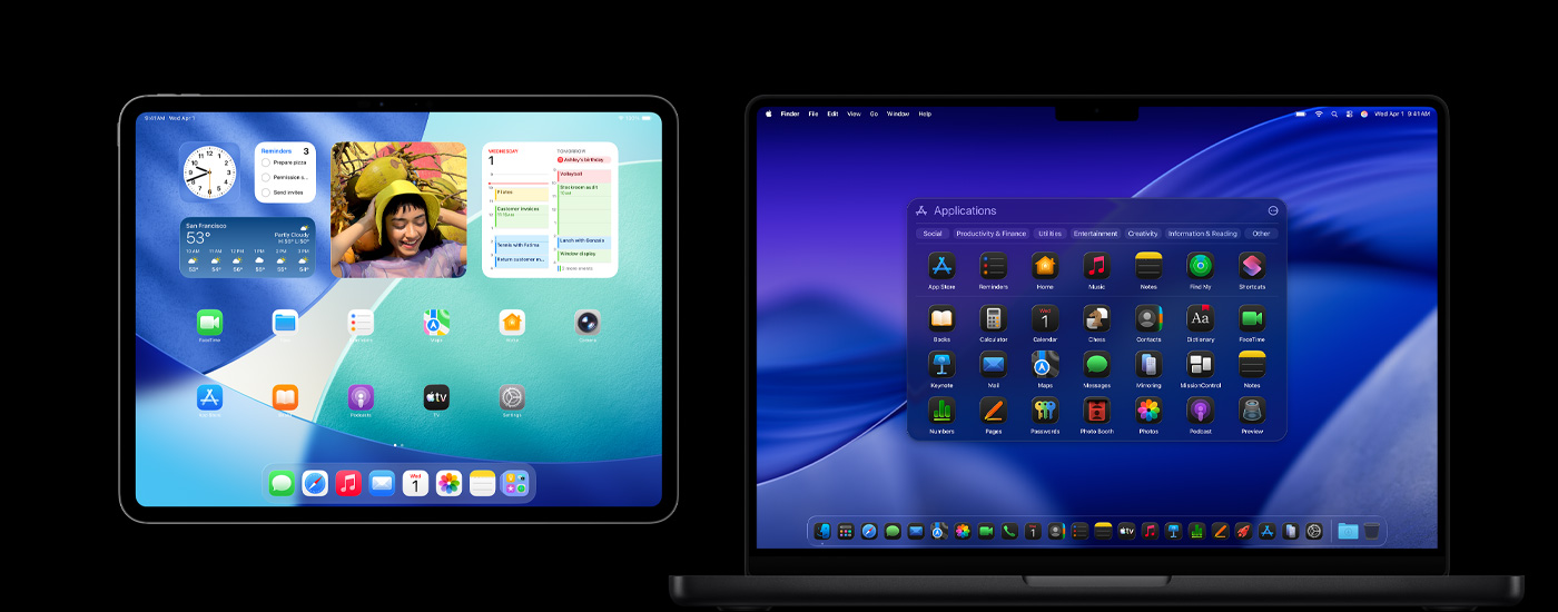 Un iPad y un Mac con varios íconos de apps. En el iPad hay diferentes widgets, como Calendario, Clima y Fotos. En el fondo de la Mac se ve macOS Tahoe.
