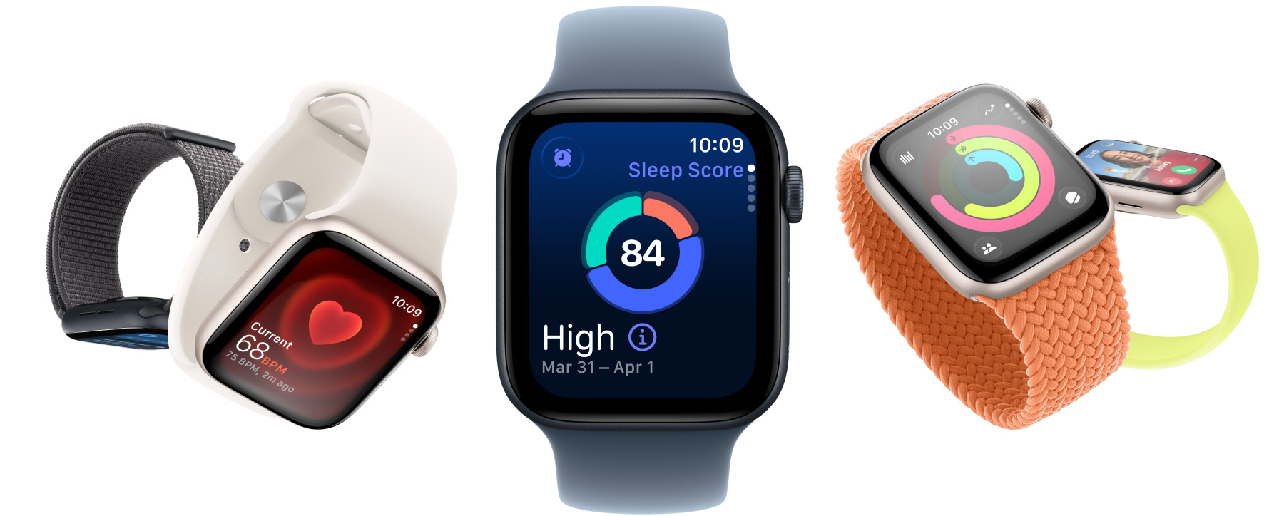 Apple Watch SE 3 s hliníkovými pouzdry v hvězdně bílé a temně inkoustové barvě, na displejích se ukazují aplikace jako Životní funkce, Srdeční tep, spánkové skóre, kroužky aktivity a příchozí hovor