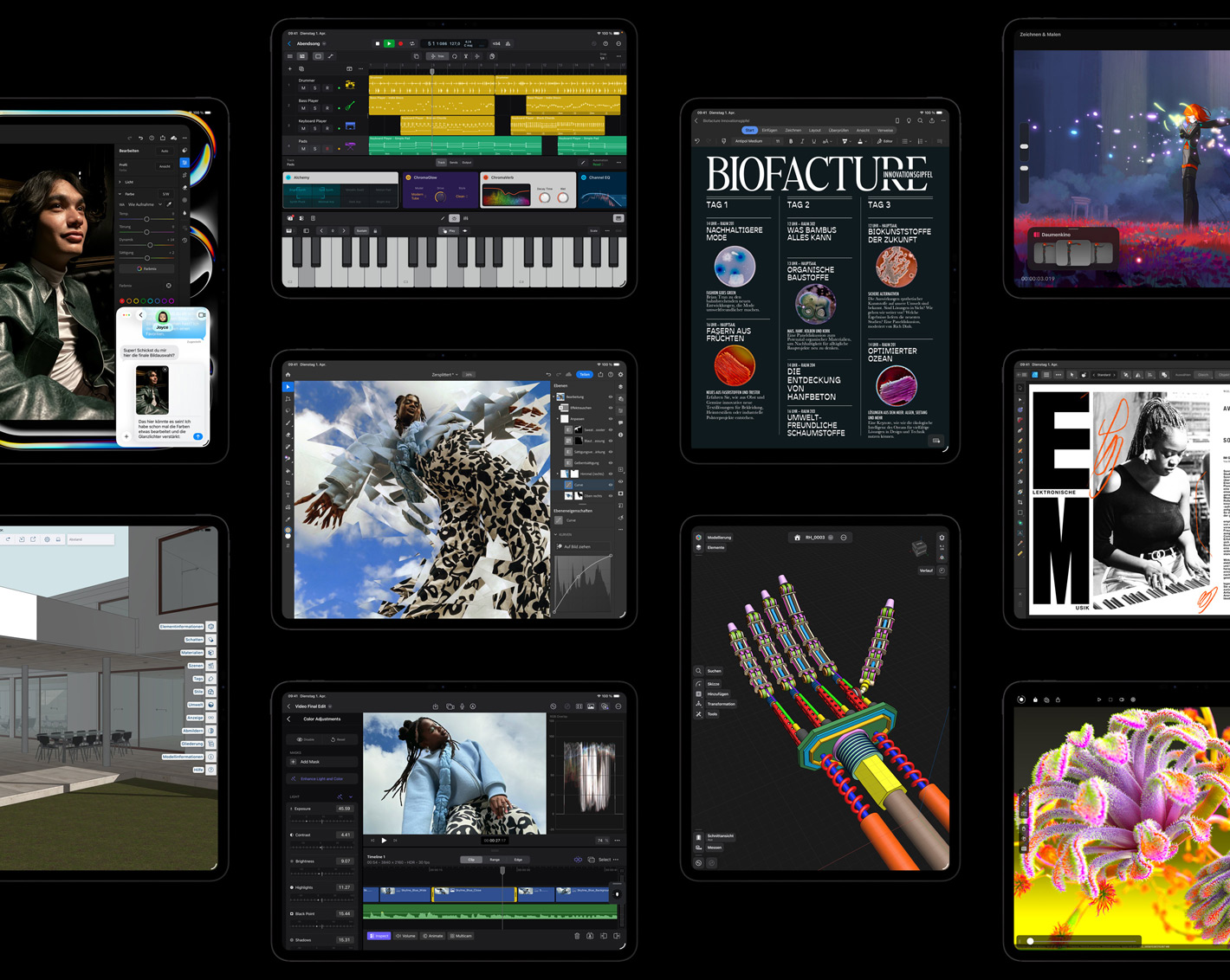 Mehrere iPad Pro Displays zeigen geöffnete iPadOS Apps mit kreativen Projekten, darunter Logic Pro, Adobe Lightroom, Adobe Photoshop, Final Cut Pro, Trimble SketchUp, Microsoft Word, Procreate Dreams, Affinity Designer 2, Shapr3D, Octane X