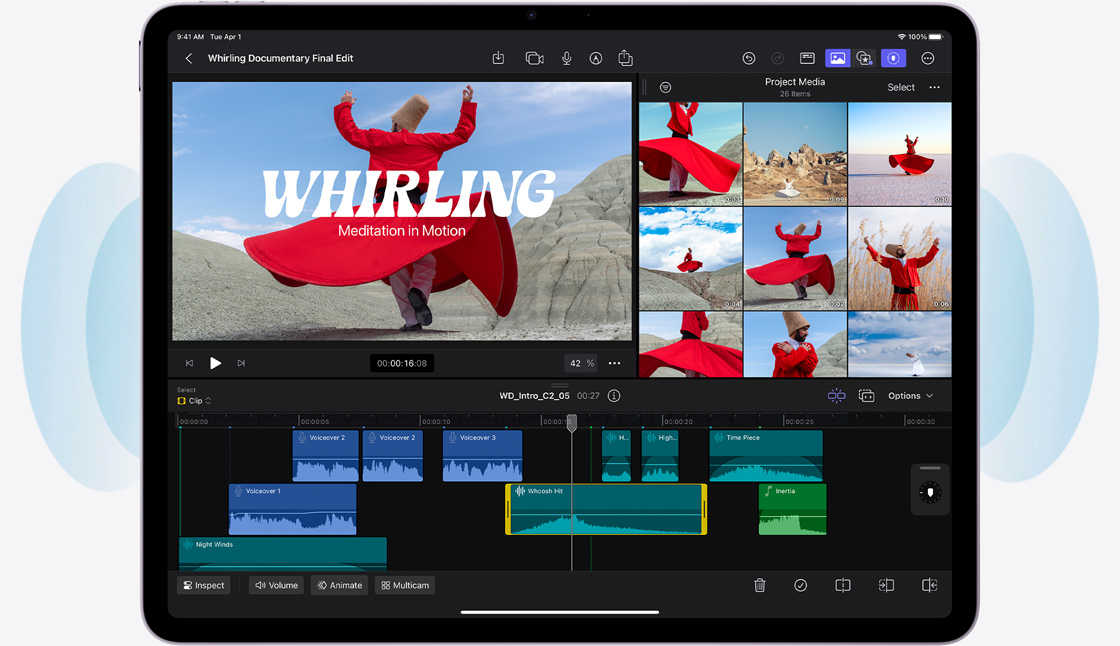 iPad Air, landscape orientation, screen displays live audio transcriptions in the Notes app