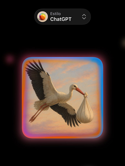 Pantalla de Image Playground con la imagen de una cigüeña fotorrealista que lleva una bolsa en el pico y las opciones de estilos de imagen personalizados de ChatGPT