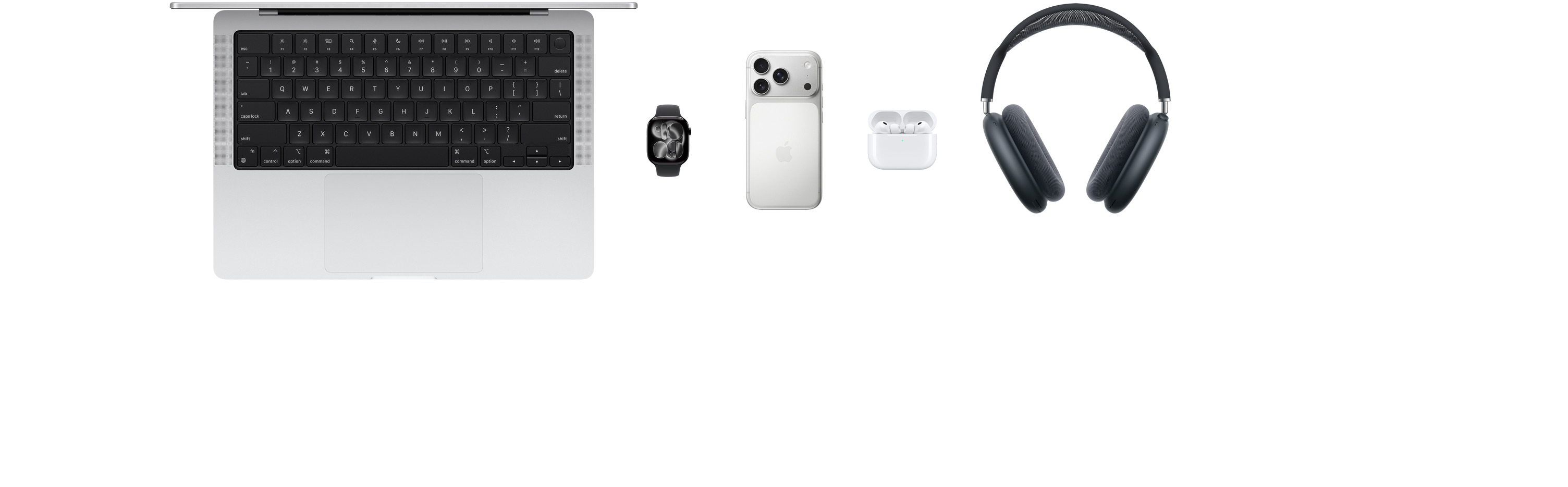 Verschiedene Apple Produkte, darunter ein MacBook, eine Apple Watch Series 11, ein iPhone 17 Pro, AirPods Pro 3, AirPods Max