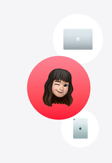 Apple Watch, MacBook et iPad entourant un Memoji dans un cercle rouge.