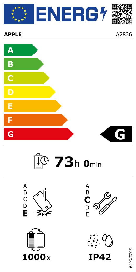 EU-energielabel, QR-code en informatie, Apple model A2836, klasse G, energie-efficiëntieklassen (met schaal van A tot G), A (meest efficiënt) tot G (minst efficiënt), batterijduur per cyclus, 73 uur en 0 minuten per keer volledig opladen, betrouwbaarheidsklasse E bij herhaaldelijke vrije val, A (meest robuust) tot E (minst robuust), repareerbaarheidsklasse C, A (gemakkelijkst repareerbaar) tot E (moeilijkst repareerbaar), levensduur batterij 1000 cycli, classificatie IP42 voor bescherming tegen binnendringen van stof en water (IP), verordening 2023/1669