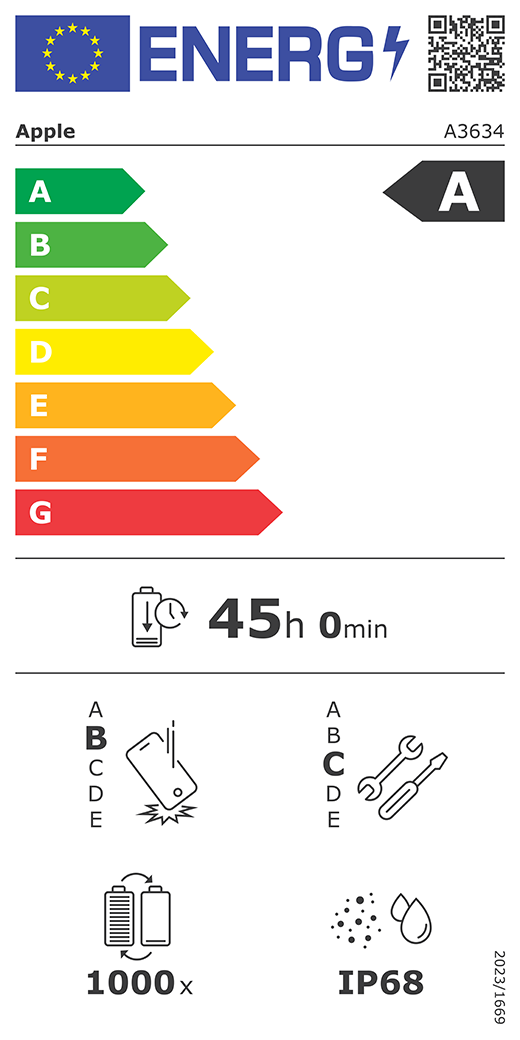 EU-Energielabel, QR Code und Informationen, Apple Modell A3634, Klasse A, Energieeffizienzklassen (auf einer Skala von A bis G), A (am effizientesten) bis G (am wenigsten effizient), Batterielaufzeit pro Zyklus, 45 Std. und 0 Min. pro voller Batterieladung, Sturzfestigkeit Klasse B für wiederholten freien Sturz, A (am robustesten) bis E (am wenigsten robust), Reparierbarkeit der Klasse C, A (am besten reparierbar) bis E (am wenigsten reparierbar), Batterielebensdauer 1.000 Ladezyklen, Schutzart gegen Eindringen von Staub und Wasser (IP) IP68, Verordnung 2023/1669
