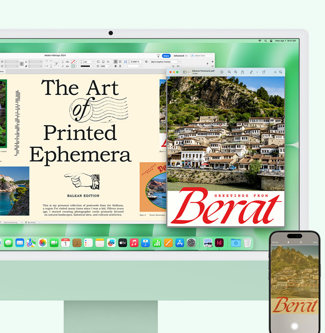 Vista en paralelo de un iMac en verde y un iPhone. Un documento escaneado con el iPhone aparece en la pantalla del iMac.