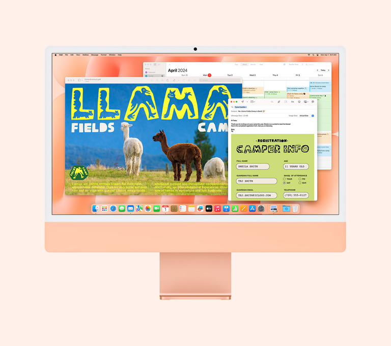 iMac en naranja que muestra las apps Vista Previa, Mail y Calendario en uso.