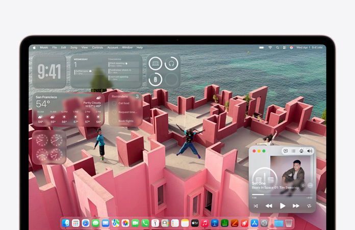 MacBook Neo screen customised with desktop background of a seaside rooftop patio and various widgets like Music, Calendar, Weather and Reminders