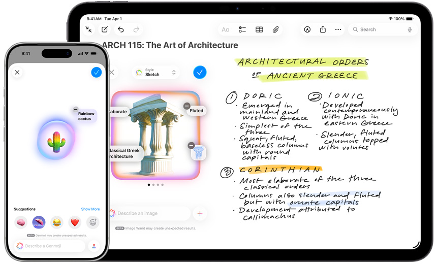 iPhone 展示以 Genmoji 創作的彩虹仙人掌；iPad 展示影像魔術棒將草圖變成古希臘建築的圖像。