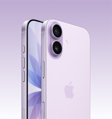 iPhone 17 u boji lavande s djelomičnim prikazom zaslona, a bočni kut prikazuje – tipku postupka, tipku za glasnoću i bočnu tipku. Stražnja strana prikazuje napredni sustav dvostruke kamere u gornjem lijevom kutu.