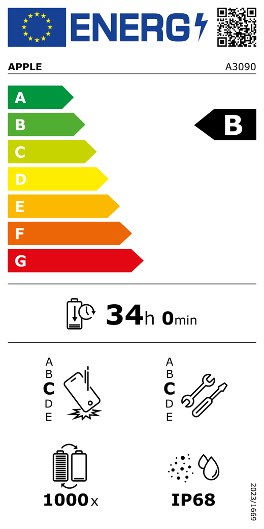 Európai Uniós energiacímke, QR-kód és információ, A3090-es Apple-modell, B osztályú, energiahatékonysági osztályok (A-tól G-ig terjedő besorolás), A (leghatékonyabb), G (legkevésbé hatékony), akkumulátor élettartama ciklusonként, 34 óra és 0 perc teljesen feltöltött akkumulátor esetében, megbízhatóság ismételt leejtés esetében: C osztály, A-tól (legstrapabíróbb) E-ig (legkevésbé strapabíró) terjedő besorolás, C osztályú javíthatóság, A-tól (leginkább javítható) E-ig (legkevésbé javítható) terjedő besorolás, akkumulátor élettartama 1000 működési ciklusban, IP68-as por- és vízállósági besorolás, 2023/1669-es rendelet