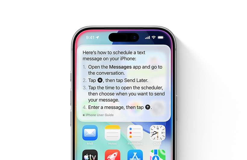 Sebuah iPhone ditampilkan dengan panduan langkah demi langkah tentang cara menjadwalkan pesan teks untuk dikirim nanti