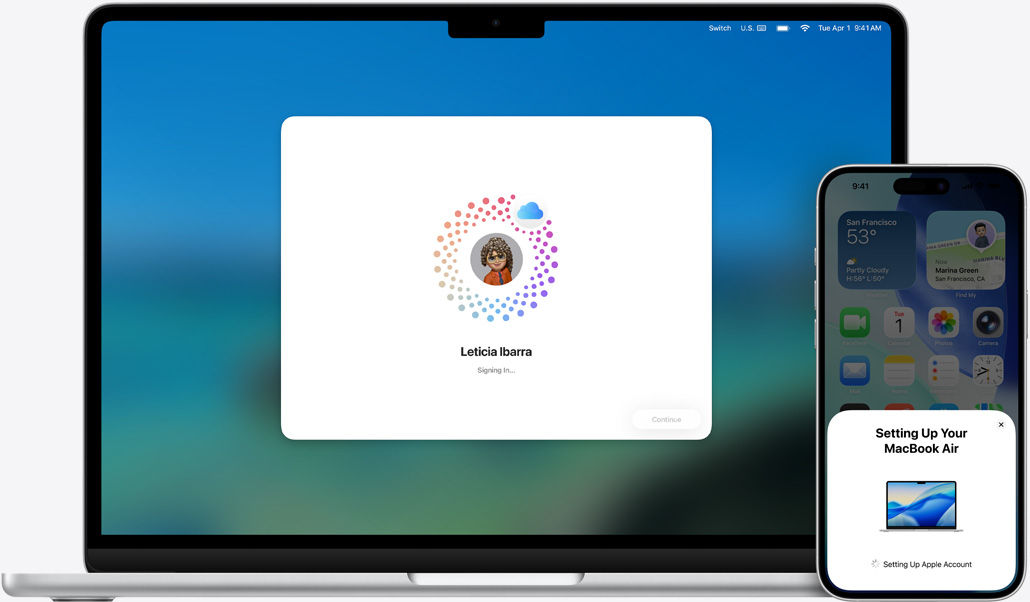 MacBook Air 13 inci dan iPhone 16 Plus, macOS sedang diinstal di MacBook, iPhone menampilkan petunjuk untuk menyiapkan