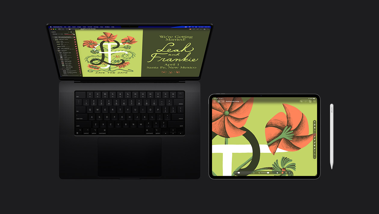 Layar MacBook Pro 16 menampilkan ilustrasi undangan pernikahan dengan bunga oranye bergaya pada latar belakang hijau dan huruf L dan F dengan tulisan save the date, iPad Pro menampilkan ilustrasi bunga oranye bergaya pada latar belakang hijau dan bar alat, Apple Pencil berada di sebelah kanan iPad Pro