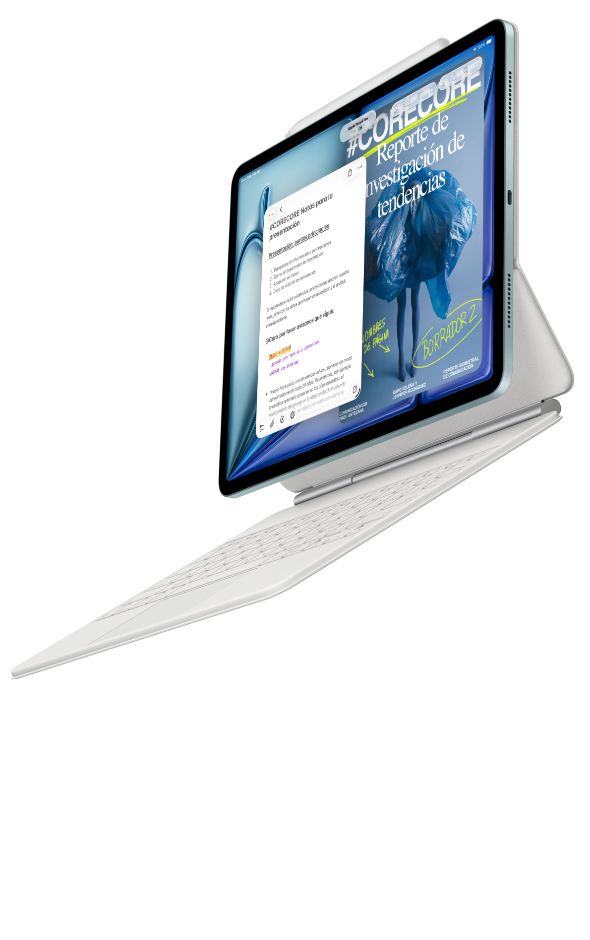 iPad Air conectado a un Magic Keyboard para el iPad Air y un Apple Pencil Pro