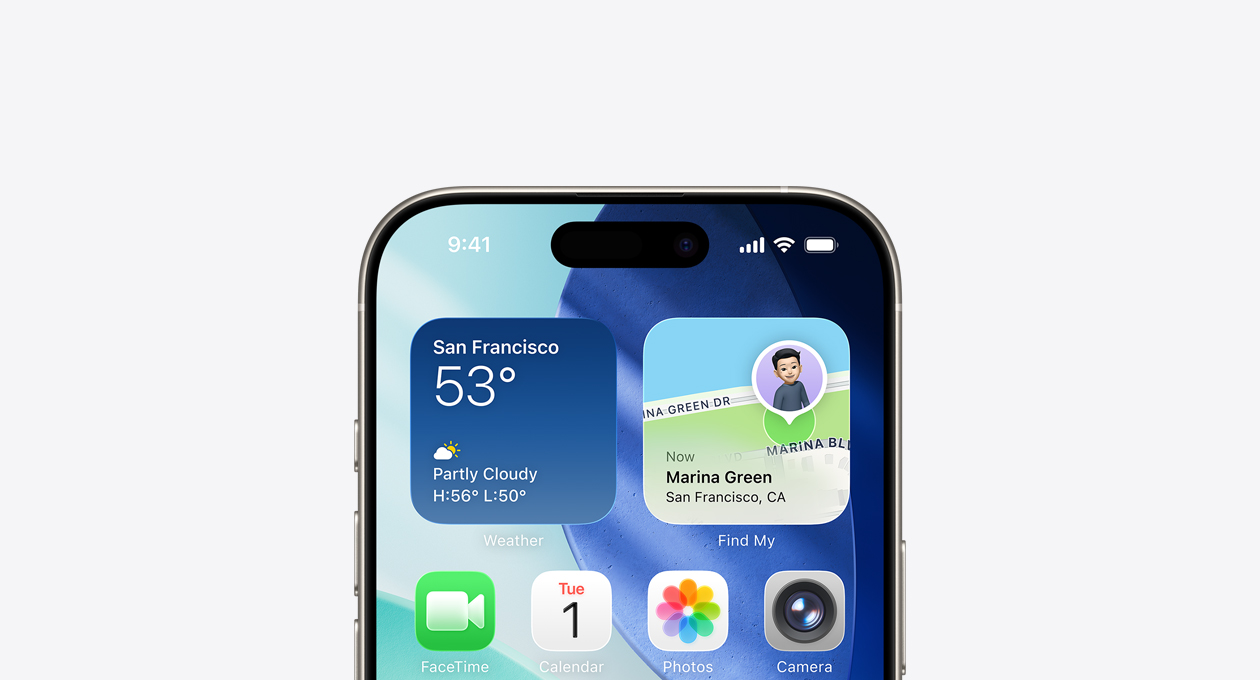 iPhone, top part of screen showing home screen with Weather and Find My widgets in the top row