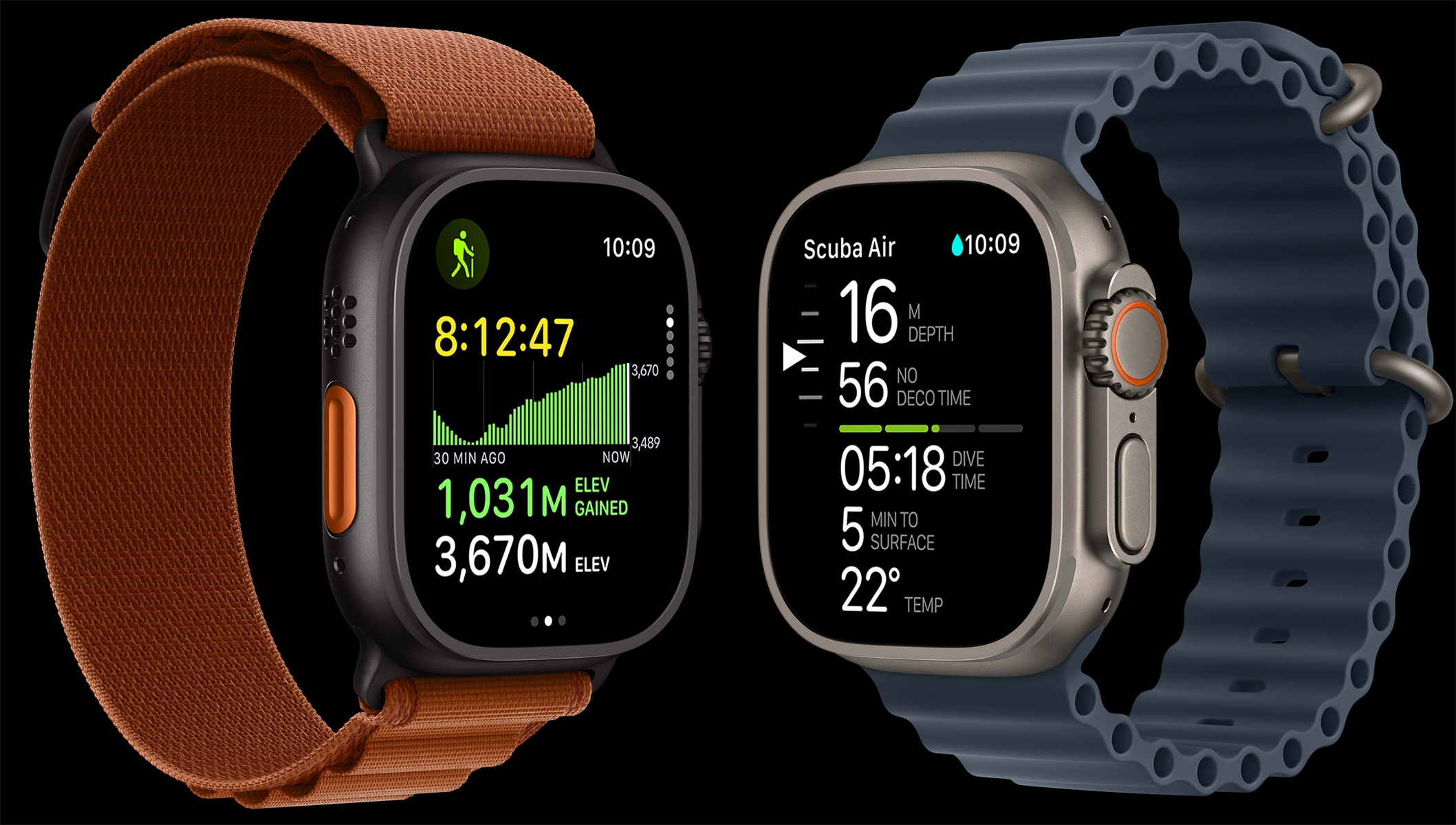 „Apple Watch Ultra 3“ įrenginiai, titano korpusai, juodos ir natūralios spalvos, takų žemėlapis, nardymo rodmenys, dirželiai, „Alpine“ apyrankė, terakotos spalva, plieno mėlynos spalvos „Ocean“ dirželis