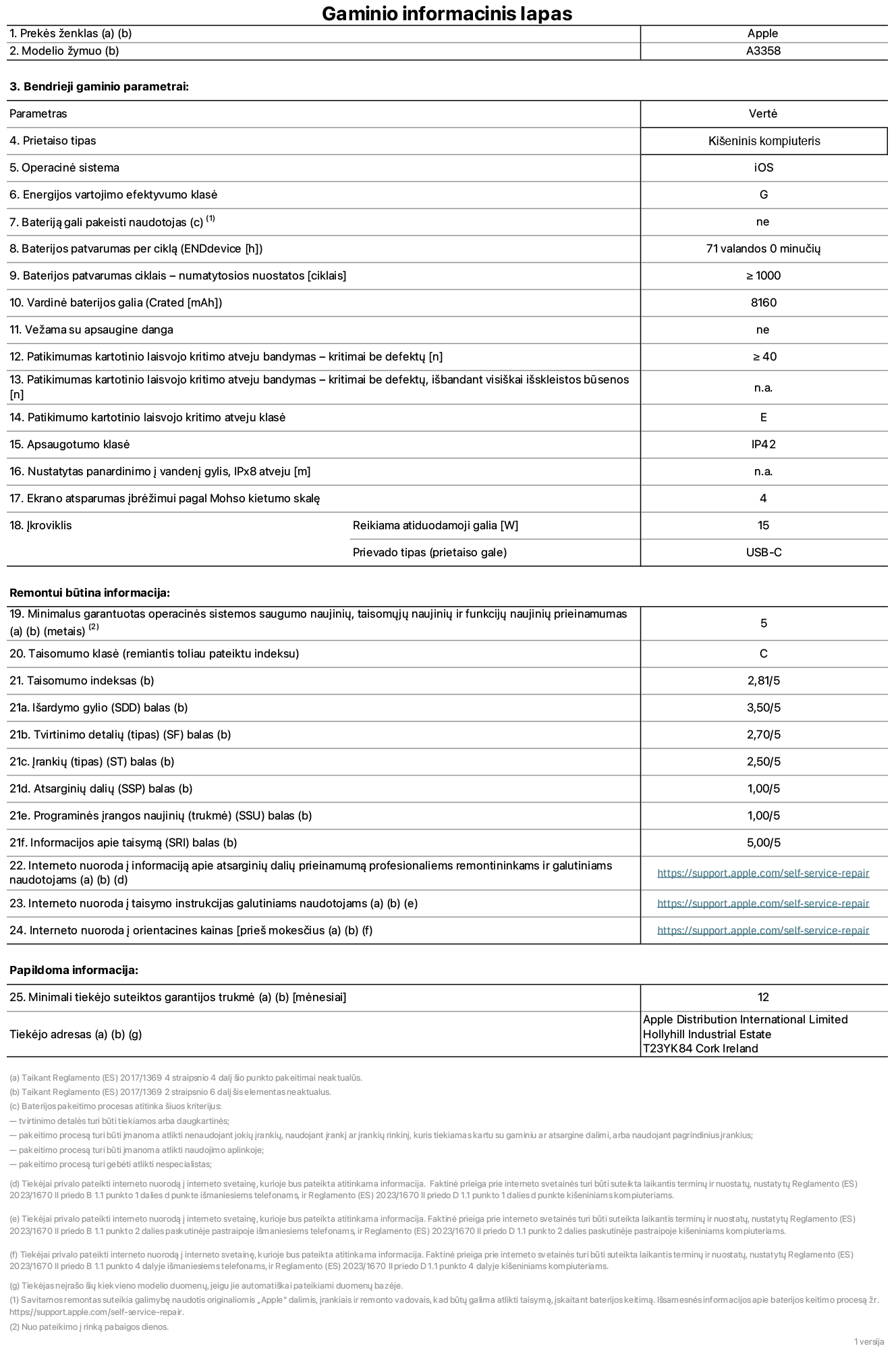Gaminio informacijos lapas, 11 colių „iPad Pro M5 Wi-Fi + Cellular“, A3358 modelis. Pateikė „Apple Distribution International Limited“, „Hollyhill Industrial Estate“. Korkas, Airija, T23 YK84. Prietaiso tipas: planšetinis kompiuteris. Operacinė sistema: „iOS“. Energijos vartojimo efektyvumo klasė: G. Bateriją gali pakeisti naudotojas: ne. Baterijos veikimo trukmė per ciklą: 71 val. Baterijos patvarumas ciklais – numatytosios nuostatos: didesnis arba lygus 1 000. Nominalioji baterijos talpa: 8 160 mAh. Vežama su apsaugine danga: ne. Pakartotinio laisvojo kritimo patikimumo testas – kritimai be defektų: daugiau arba lygu 40. Pakartotinio laisvojo kritimo patikimumo testas – kritimai be defektų, išbandant visiškai išskleistos būsenos: netaikoma. Pakartotinio laisvojo kritimo patikimumo klasė: E. Apsaugos klasė: IP42. Nustatytas panardinimo į vandenį gylis, iPx8 atveju: netaikoma. Ekrano atsparumas įbrėžimui pagal Moso kietumo skalę: 4. Krovikliui reikalinga atiduodamoji galia: 15 vatų. Kroviklio prievado tipas (prietaiso gale): USB-C. Minimalus garantuotas operacinės sistemos saugumo naujinių, taisomųjų naujinių ir funkcijų naujinių prieinamumas: 5 metai. Pritaikymo remontuoti klasė: C. Pritaikymo remontuoti indeksas: 2,81/5. Išardymo gylio (SDD) balas: 3,50/5. Tvirtinimo detalių balas: 2,70/5. Įrankių balas: 2,50/5. Atsarginių dalių balas: 1,00/5. Programinės įrangos naujinių balas: 1,00/5. Informacijos apie taisymą balas: 5,00/5. Interneto nuoroda į informaciją apie atsarginių dalių prieinamumą profesionaliems remontininkams ir galutiniams naudotojams: https://support.apple.com/self-service-repair. Interneto nuoroda į taisymo instrukcijas galutiniams naudotojams: https://support.apple.com/self-service-repair. Nuoroda į orientacines kainas prieš mokesčius: https://support.apple.com/self-service-repair. Siūloma 12 mėnesių bendroji garantija.
