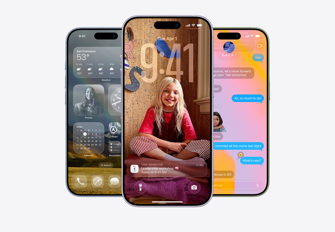 „iPhone“ ekranas, kuriame matosi skambučių filtravimo iššokantysis langas, „iPhone“ ekranas, kurio suasmenintame fone su vaiko nuotrauka matosi iššokantysis programos „Kalendorius“ langas, „iPhone“ ekranas, kuriame matosi žinutės su „Liquid Glass“ dizainu