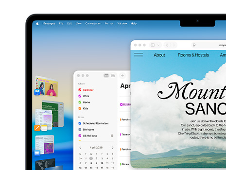Multiple windows and apps displayed on a screen using Stage Manager, including Keynote, Pages, Mail, and a website, with macOS Tahoe in the background.
