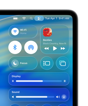 Prawa strona ekranu Maca z elementami sterującymi w Centrum sterowania takimi jak Wi‑Fi i Bluetooth, spersonalizowanymi w stylu Liquid Glass
