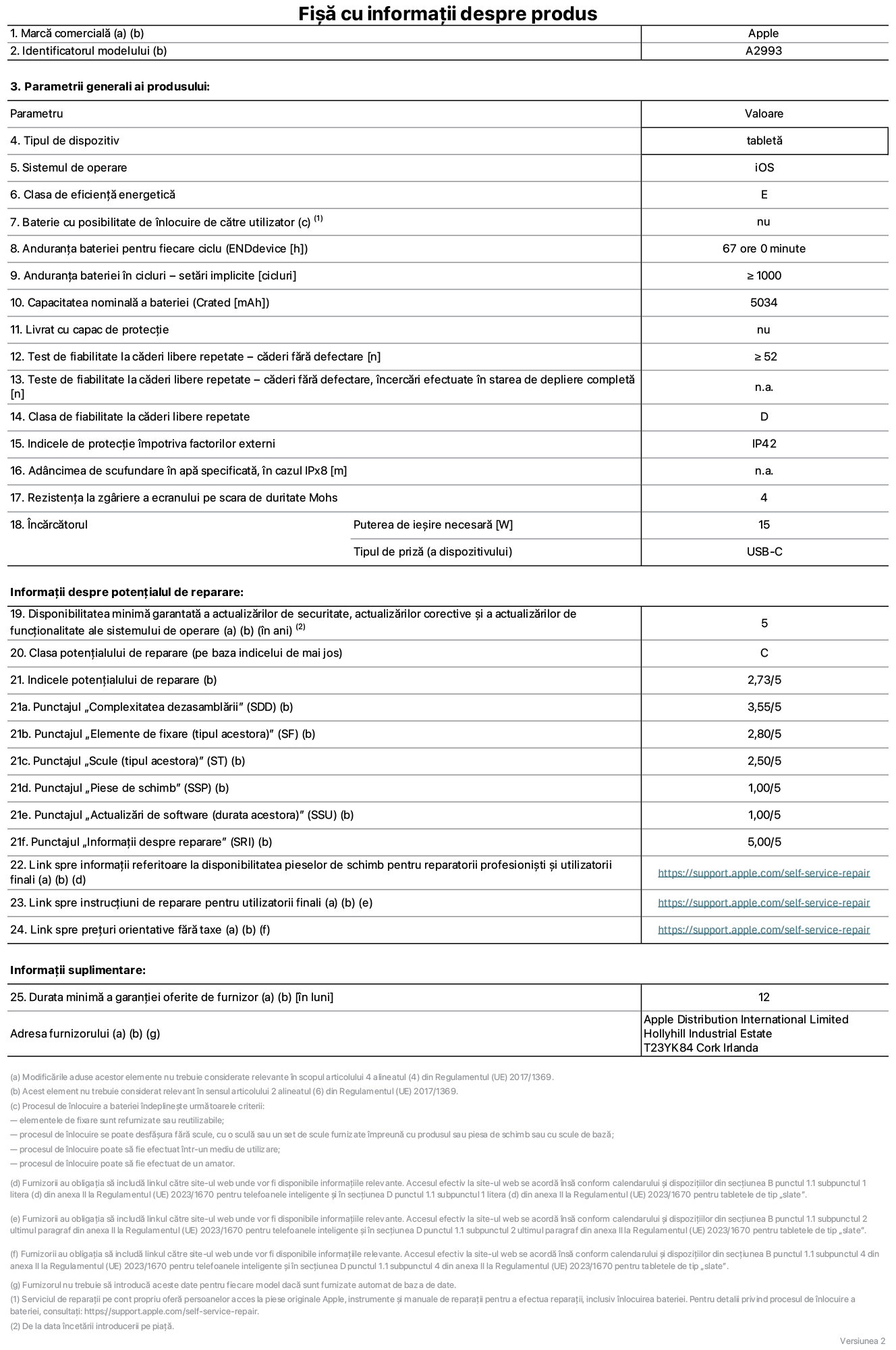 Fișa cu informații despre produs pentru iPad mini Wi-Fi, modelul A2993. Furnizată de Apple Distribution International Ltd, Hollyhill Industrial Estate. Cork, Irlanda T23 YK84. Tipul de dispozitiv: tabletă. Sistemul de operare: iOS. Clasa de eficiență energetică: E. Baterie cu posibilitate de înlocuire de către utilizator: nu. Anduranța bateriei: 67 de ore. Anduranța bateriei în cicluri: mai mare sau egală cu 1000. Capacitatea nominală a bateriei: 5034 mAh. Test de fiabilitate la căderi libere repetate – căderi fără defectare: mai mare sau egal cu 52. Clasa de fiabilitate la căderi libere repetate: D. Indicele de protecție împotriva factorilor externi: IP42. Rezistența la zgâriere a ecranului pe scara de duritate Mohs: 4. Puterea de ieșire necesară pentru încărcător: 15 W. Tipul de priză pentru încărcător: USB-C. Disponibilitatea minimă garantată a actualizărilor de securitate, a actualizărilor corective și a actualizărilor de funcționalitate ale sistemului de operare: 5 ani. Clasa potențialului de reparare: C. Indicele potențialului de reparare: 2,73/5. Punctajul „Complexitatea dezasamblării”: 3,55/5. Punctajul „Elemente de fixare”: 2,80/5. Punctajul „Scule”: 2,50/5. Punctajul „Piese de schimb”: 1,00/5. Punctajul „Actualizări de software”: 1,00/5. Punctajul „Informații despre reparare”: 5,00/5. Link spre informații referitoare la disponibilitatea pieselor de schimb pentru reparatorii profesioniști și utilizatorii finali: https://support.apple.com/self-service-repair. Link spre instrucțiuni de reparare pentru utilizatorii finali: https://support.apple.com/self-service-repair. Link spre prețuri orientative fără taxe: https://support.apple.com/self-service-repair. Garanție generală oferită: 12 luni.