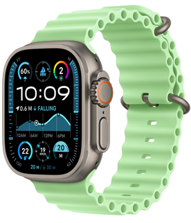 Apple Watch Ultra 3, prírodná farba, titánový kryt, ciferník Orientácia, komplikácie: počasie, poloha zaparkovaného auta, satelit, vzdialenosť od hladiny, vonkajšia pravá strana, Digital Crown, mikrofón, bočné tlačidlo, oceánsky remienok, neónová zelená farba