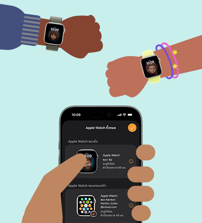 Apple Watch สำหรับลูกๆ ของคุณ, ภาพวาดการ์ตูน, ข้อมือเด็กสวมใส่ Apple Watch SE 3 ที่จับคู่กับ iPhone ในมือของผู้ปกครอง
