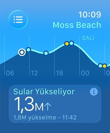Gelgit uygulaması, ölçümler: alçak ve yüksek deniz seviyeleri, yükselen ve çekilen sular, zaman ve gelgit noktalarını hesaplayan çizgi grafiği