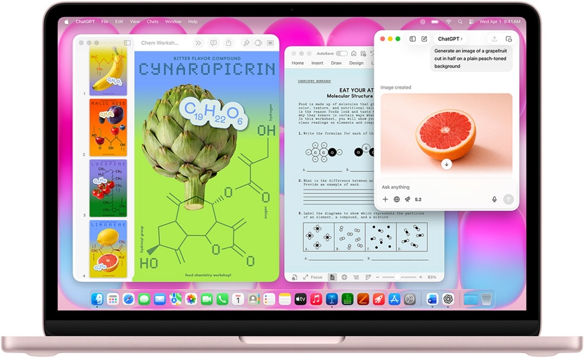MacBook Neo кольору «ніжний рум’янець», користувач використовує ChatGPT для створення зображення грейпфрута; в інших вікнах відкрито документ Keynote під назвою «Молекулярні постери» з фотографіями фруктів і овочів та відповідними молекулярними сполуками, а також пов’язаний документ Microsoft Word