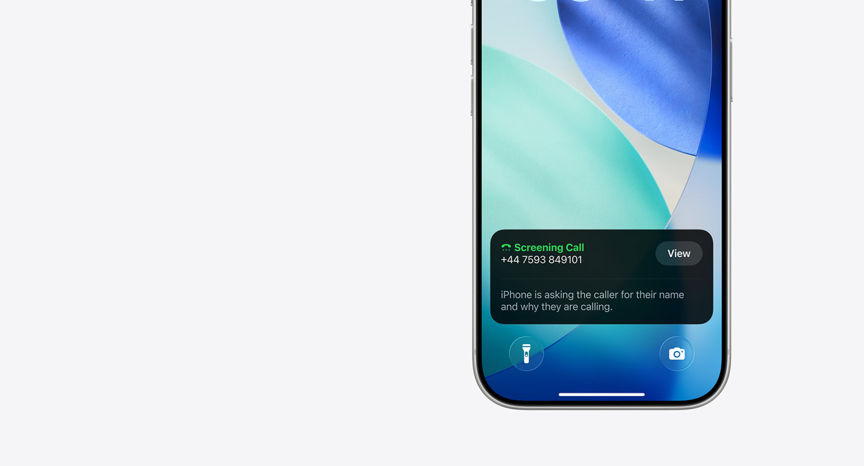 iPhone, bottom section of Lock Screen, showing a Screening Call notification, with text reading “iPhone is asking the caller for their name and why they are calling”