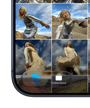 iPhone, bottom left of screen showing Photos app tile displaying Library and Collections tabs within the new Liquid Glass design