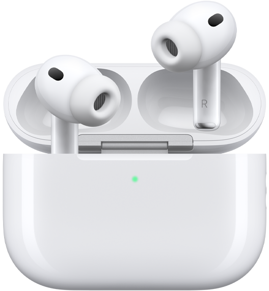AirPods Pro 3 e custodia di ricarica MagSafe (USB-C), design arrotondato, indicatore LED di alimentazione, coperchio aperto, colore bianco, auricolari wireless con cuscinetti in silicone, lettere L e R sulla parte interna dello stelo