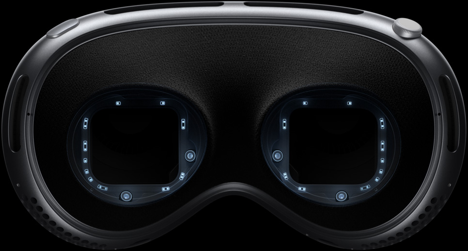 Apple Vision Pro 的內部圖，突顯支援精準眼球追蹤的 LED 及紅外線相機