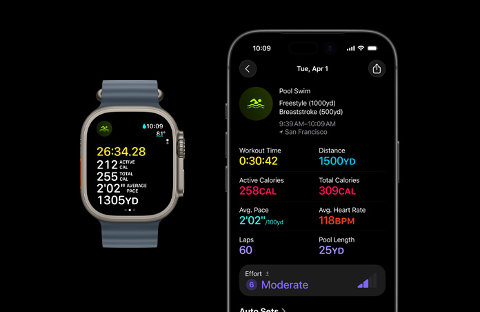 Apple Watch Ultra 3, finition naturelle, boîtier en titane, Bracelet Océan, coloris bleu maritime, exercice Nage en cours, ventilation plus détaillée des données d’exercice sur un iPhone