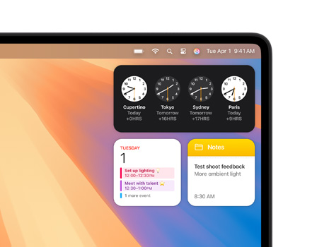 Plusieurs widgets sur le bureau d’un Mac, notamment Horloge, Calendrier, Notes et Météo.