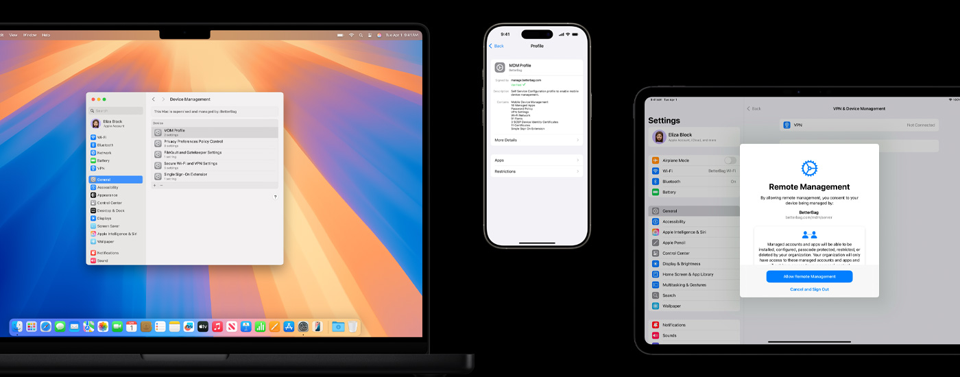 A display of three Apple devices: on the left, a Mac computer shows a Device Management window. In the centre, an iPhone displays MDM (Mobile Device Management) profile settings. On the right, an iPad presents a Remote Management window.