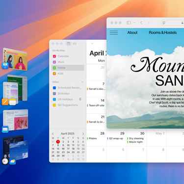 Auf einem Display werden mehrere Fenster und Apps angezeigt, darunter Keynote, Pages, Mail und eine Website mit Inhalten über einen ruhigen Rückzugsort.