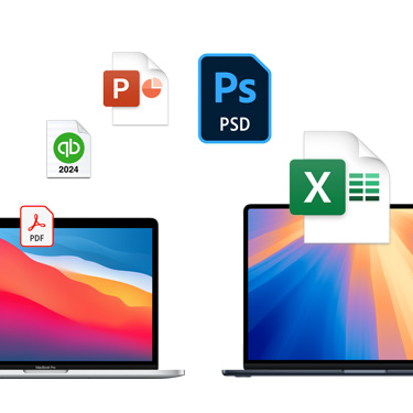 Vorderansicht von zwei MacBooks nebeneinander mit Schreibtischhintergründen in unterschiedlichen Farben. Dateisymbole werden in einem Bogen über den beiden MacBooks angezeigt, darunter eine Acrobat Datei, eine QuickBooks Datei, eine PowerPoint Datei, eine Photoshop Datei und eine Excel Datei.