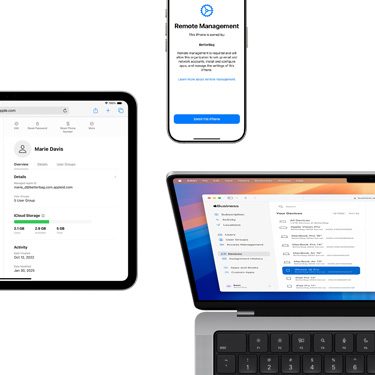 Ein iPad, ein iPhone und ein MacBook zeigen verschiedene Komponenten von Apple Business Manager.