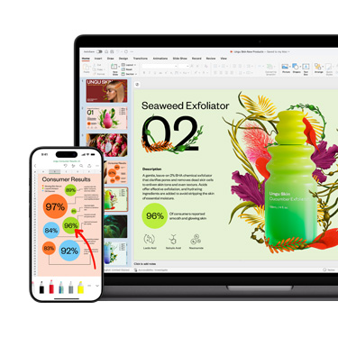 Vorderansicht von einem Mac und einem iPhone, die verschiedene Abschnitte der gleichen Präsentation in lebendigen Farben zu einem Hautpflegeprodukt zeigen.