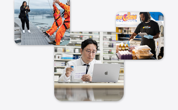 Bilder aus verschiedenen kleinen Unternehmen, darunter ein Apotheker im weißen Kittel vor einem MacBook, eine Bungee-Sprunglehrerin, die ein iPhone Foto von zwei Personen beim Absprung macht, und ein Mann mit einem iPad in der Hand, der Lebensmittel sortiert.