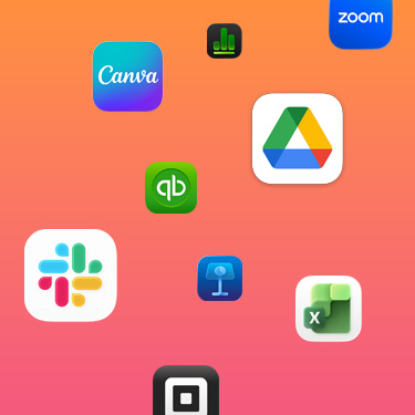Icônes d’apps de productivité parmi lesquelles Slack, Canva, Google Workspace, Zoom, Quickbooks, Keynote, Excel, Square et Numbers sur un fond coloré.