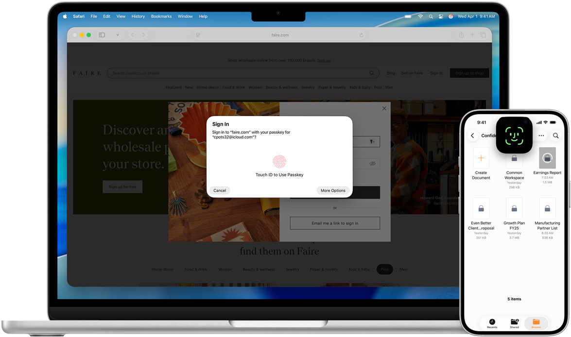 Vue avant d’un MacBook affichant une fenêtre Touch ID. Devant le MacBook se trouve un iPhone affichant un écran Face ID.