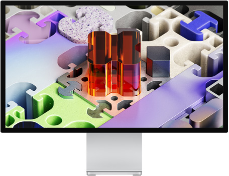 Изглед отпред на Studio Display XDR с уолпейпър като триизмерен пъзел